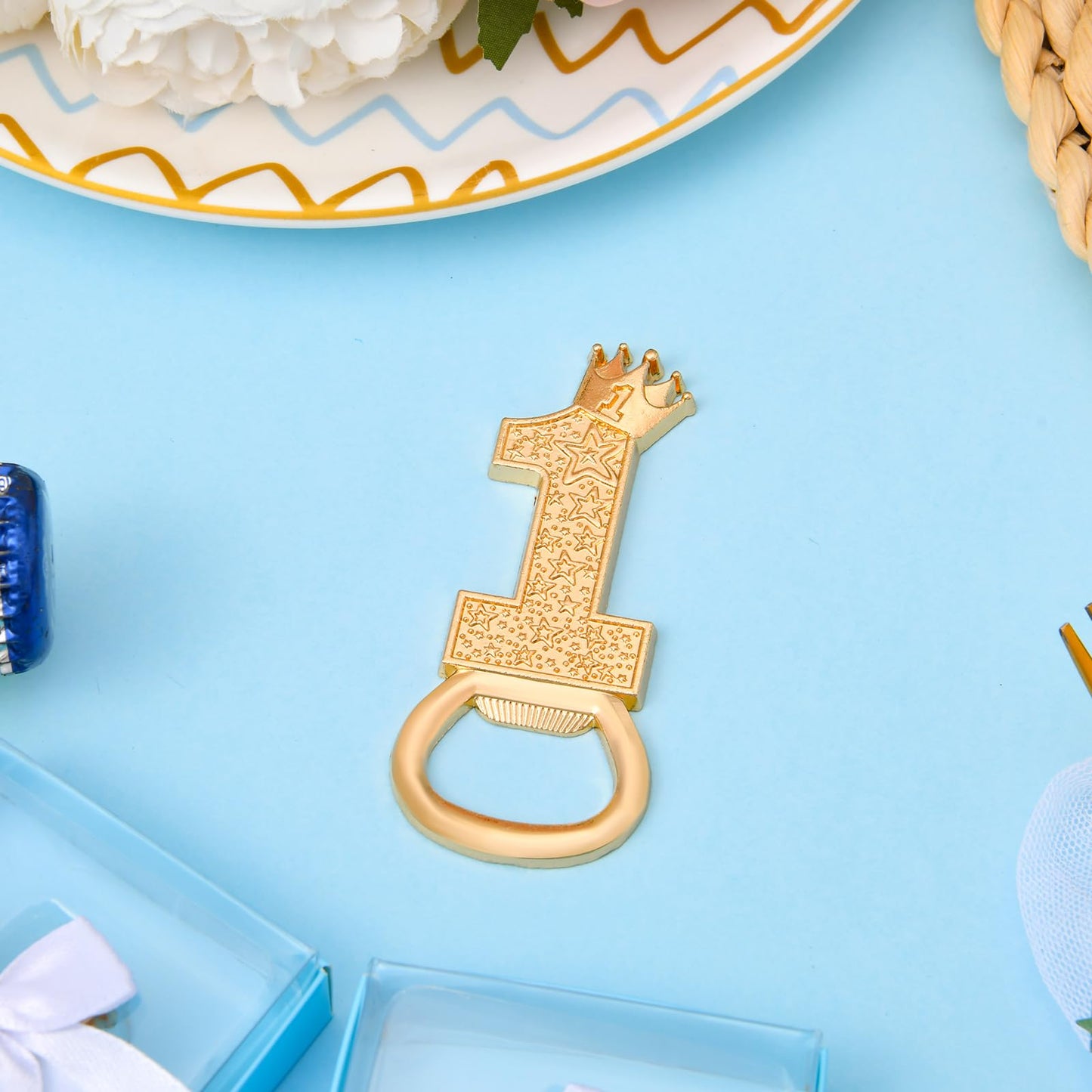 24 boxes of 1-year-old birthday party favors, guest gifts 1 Bottle opener, 1-year anniversary decorations, souvenirs, boy gifts