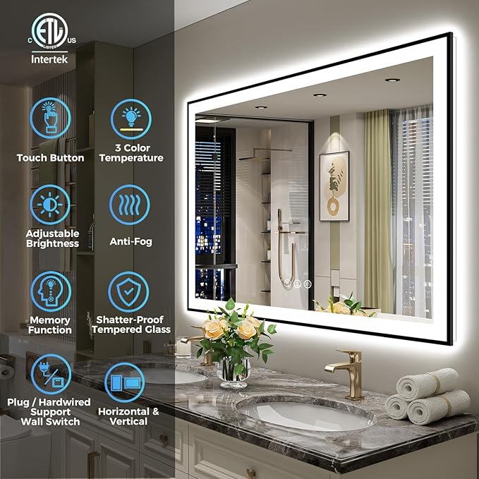 48x32 Inch LED Bathroom Mirror with Lights (Front Lit and Backlit) Black Framed Lighted Vanity Mirror for Bathroom Wall Dimmable Anti-Fog Memory Tempered Glass Horizontal/Vertical