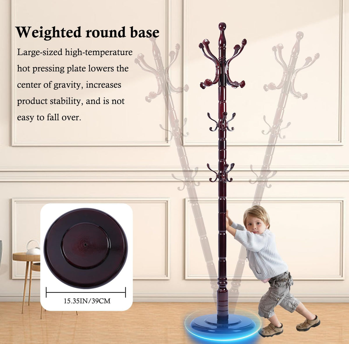 Coat Rack Stand, Solid Wooden Coat Tree with 14 Hooks, Heavy Duty Coat Rack Freestanding with Sturdy Round Base, Natural Birch Wood Coat Hanger Stand for Entryway Bedroom (Ruyi)