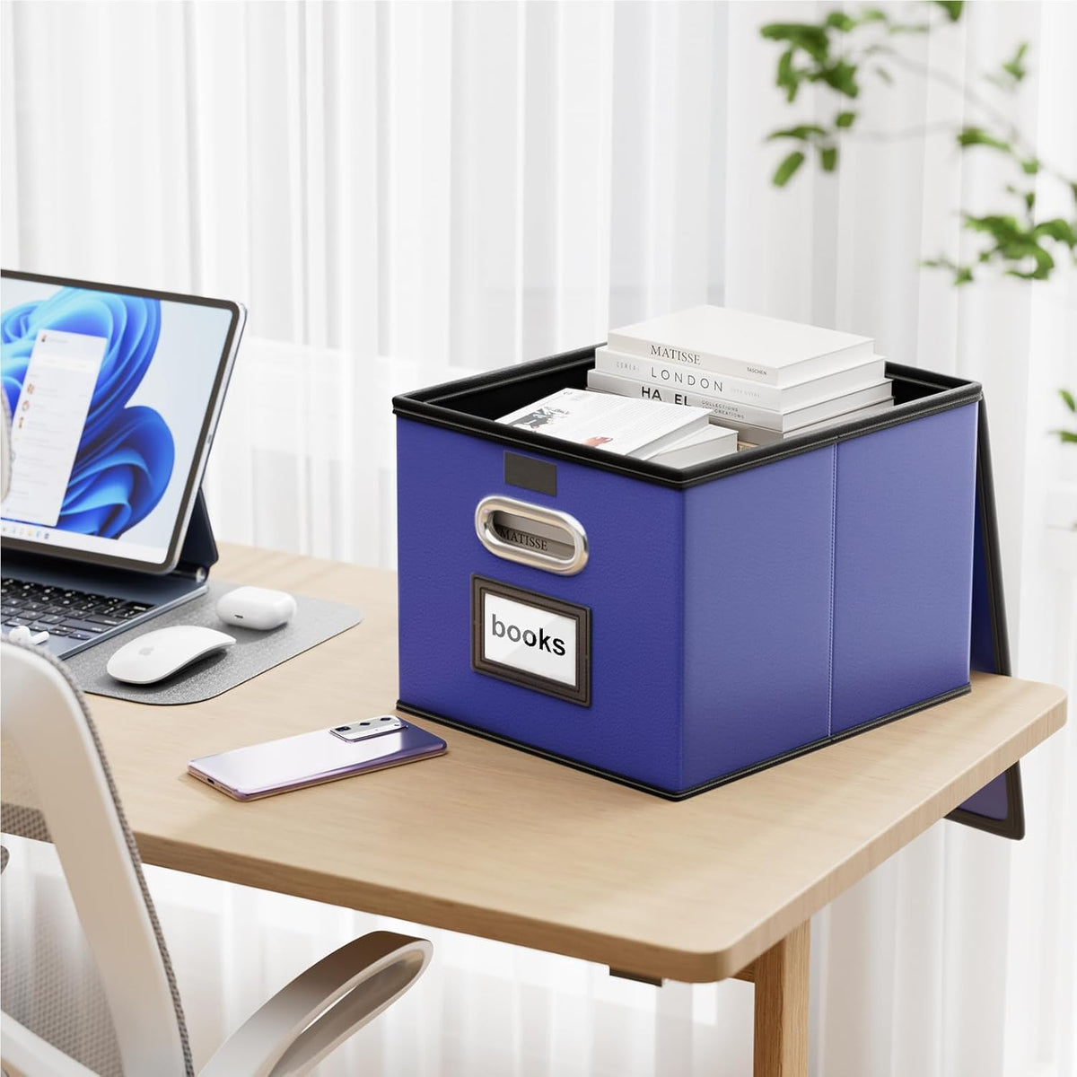 Huolewa Portable Leather File Organizer Boxes with Lids, Collapsible File Folder Organizer Boxes, Decorative Small Filing File Cabinet for Home/Office, Easily Store Documents/Hanging File Folders