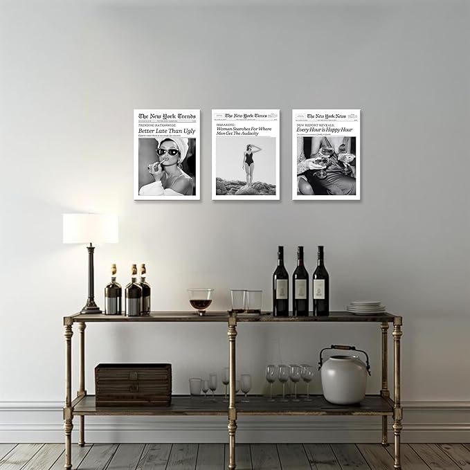 Audrey Hepburn Newspaper Trendy Wall Art Set of 3,Framed Wall Art for Bedroom,Black and White Wall Decor for Bathroom,Magazine Headline News Better Late Than Ugly Prints,New York Times Canvas Bathroom Wall Decor,12x16inch