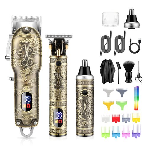 Qhou Hair Clippers for Men, Professional Cordless Hair Clippers/Electric Hair Trimmer Beard Trimmer/Nose Trimmer Set USB Rechargeable Hair Cutting Grooming Kit with LED Display