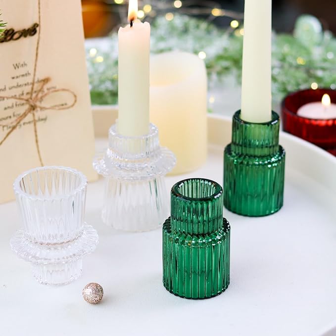 Christmas Class Candlestick Holders 6PCS Red Green Ribbed Taper Candlestick Holders for Tealight Candles Christmas Table Centerpieces Indoor Decoration