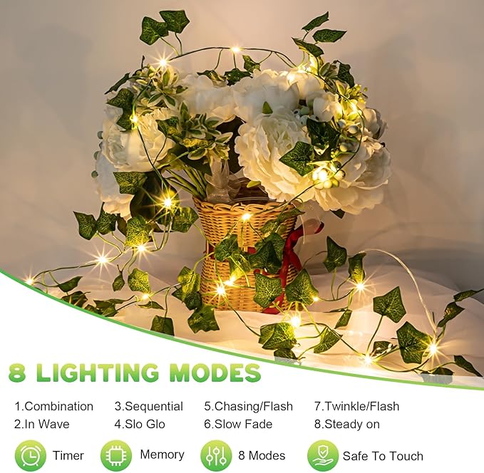 Vine with Fairy Lights Rechargeable, 6.56ft Ivy Leaf with 20 LED, 8 Mode and Timer USB Removable Battery Compartment Twinkle String Light for Indoor/Outdoor, Wedding Party Room Wall Decor, Warm White