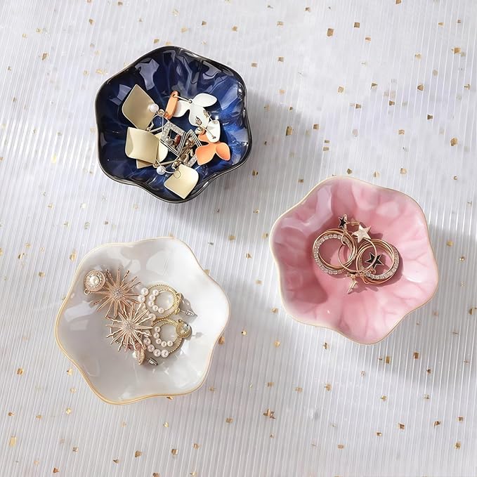 2Pcs Ceramic Jewelry Dish - Lotus Leaf Shape, for Ring Holder Necklace Small Key, Suitable for Mother Friend Sister, Gifts for Women, Cute Plate Trinket Tray, Home Decor (Crystal Green & Pink)