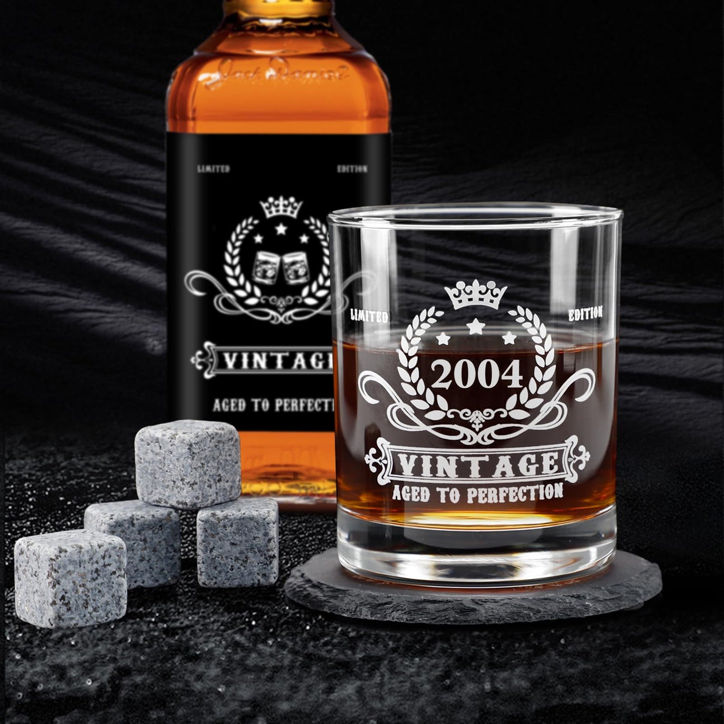 YeohJoy 21st Birthday Gifts for Him,Vintage 2004 Whiskey Glass Set,Wood Box &2004 Poster Anniversary Card & Whiskey Stones & Coaster,Bday Gifts Ideas for Him, Dad, Husband