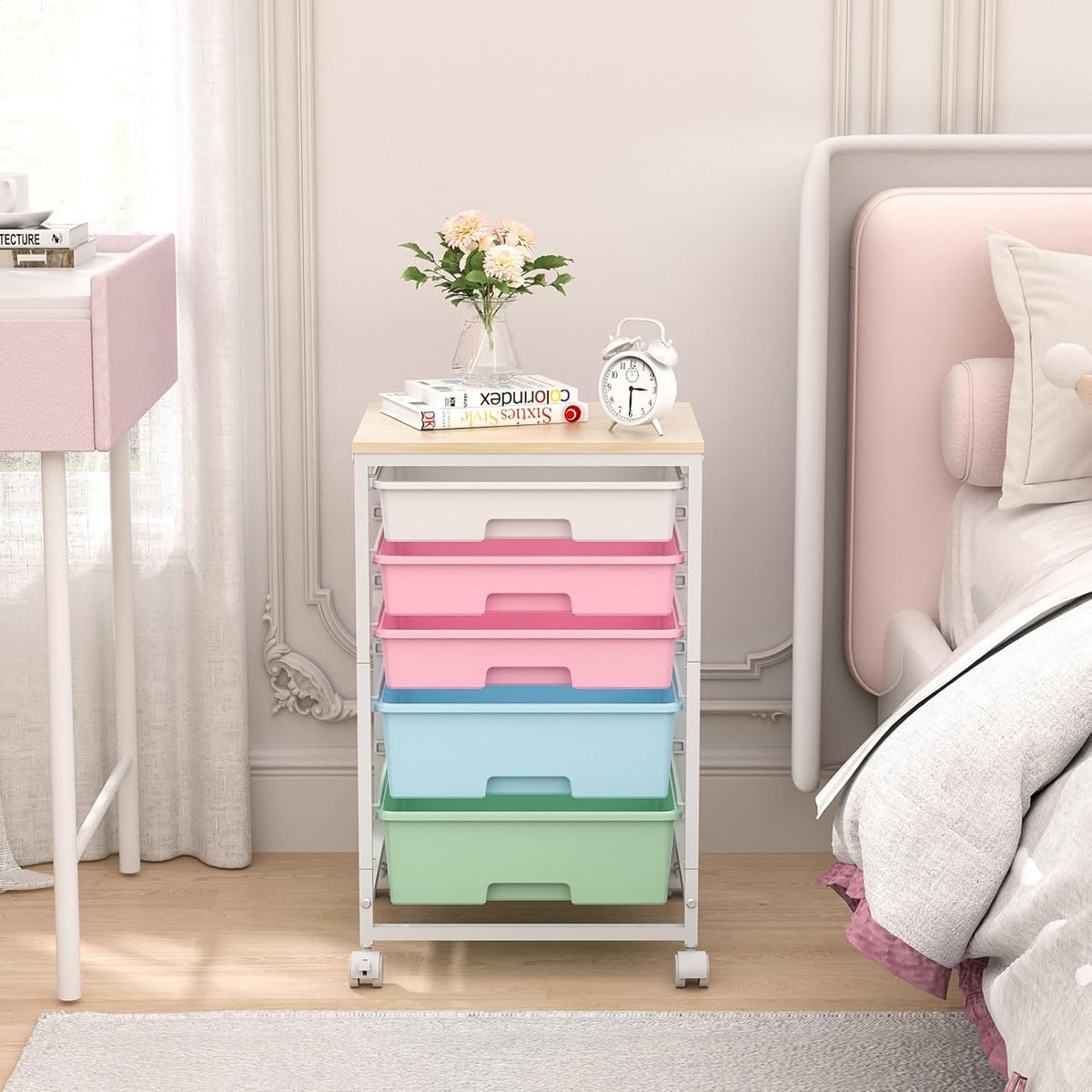 Utility Cart with 5 Drawers,Storage Drawer Cart with Wooden Tabletop and Lockable Wheels,Craft Storage Trolley Cart,5-Tier Rolling Utility Cart on Wheels,Rainbow