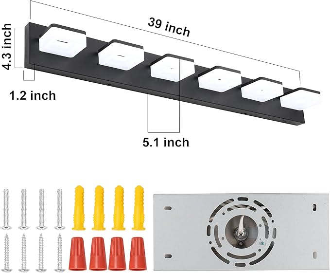 3 Colors Dimmable Bathroom Light Fixtures Over Mirror, LED Black Vanity Lights, Acrylic Stainless Steel 6 Light Bathroom Vanity Light Fixtures, Adjustable 3000K/4000K/6000K, 360° Rotate