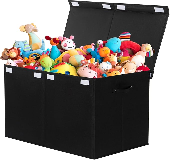 popoly 122L Large Toy Box Chest with Lid, Foldable Toy Storage Organizer Bin Boxes with Removable Divider for Kids, Boys, Girls, Nursery, Playroom, 26"x17" x17"(Linen Black)
