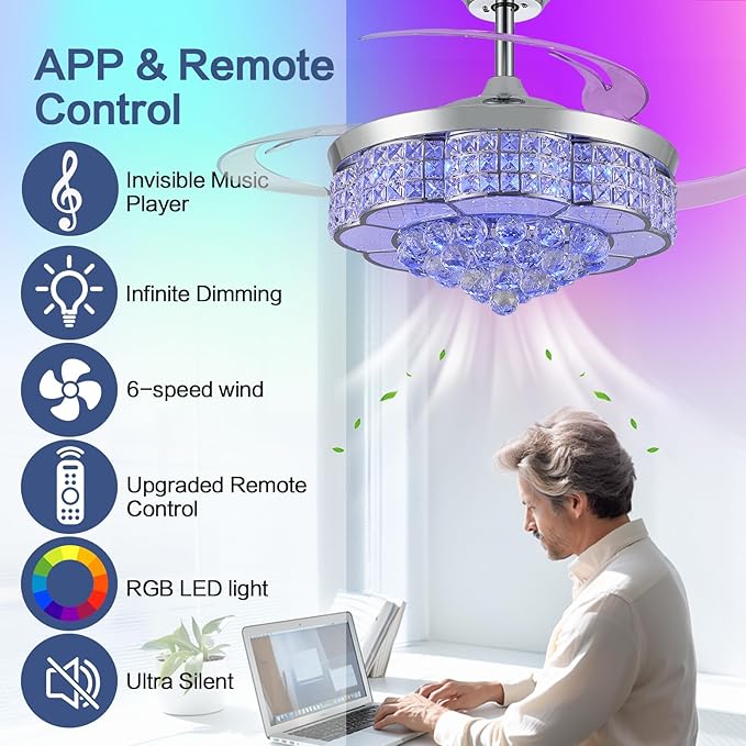 48" RGB Bluetooth Ceiling Fan with Light and Speaker, Retractable Blades Crystal Fandelier Music Player LED Chandelier Silver