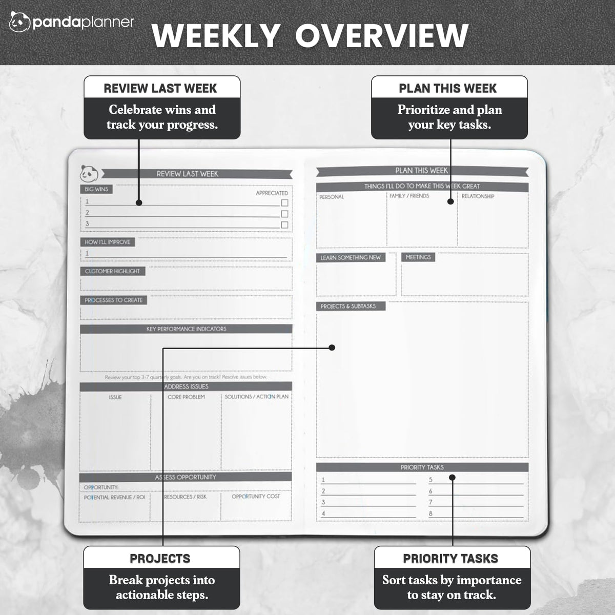 Panda Planner 2025-2026 Business Planner – Undated Daily Work Planner for Professionals & Entrepreneurs – 90 Day Organizer with Goals, KPI Tracker, Monthly Weekly Layout – Compact 8.25” x 5.75” (Black)