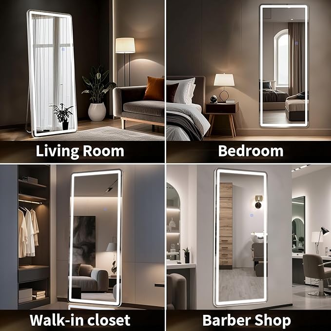 76"x34" LED Full Length Mirror – Standing Floor Mirror with Dimmable Lights 3 Color Modes – Adjustable Brightness, Wall-Mount or Lean for Barber, Fitness Center, Dressing Room, Vanity