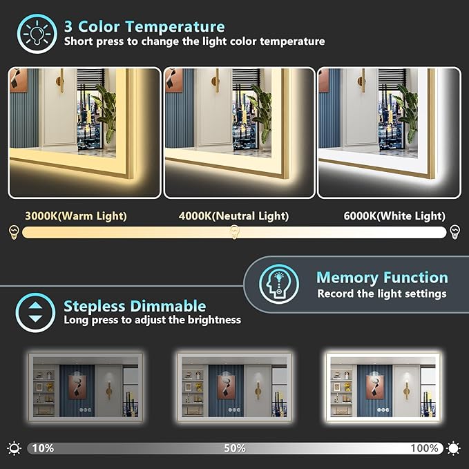 66x40 Gold LED Bathroom Mirror with Lights, Brushed Gold Framed Backlit and Front Lit Anti-Fog Lighted Vanity Mirrors for Bathroom Wall, Dimmable, 3 Colors, Memory, HD Tempered Glass, CRI＞90