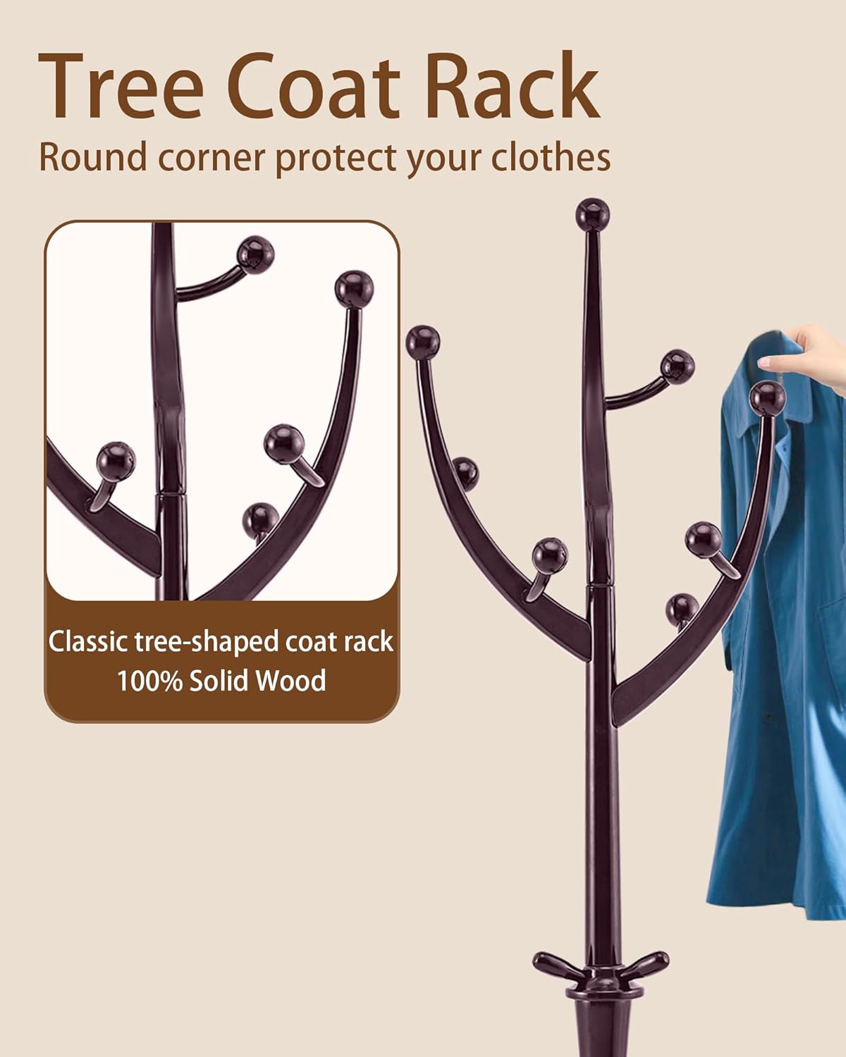 EZIVIEZ Wooden Coat Rack Stand, Solid Wood Freestanding Coat Rack with 11 Hooks, Creative Design Tree Branch-look Coat Racks, Heavy Duty Standing Coat Hanger Jacket Tree Stand for Office, Entryway