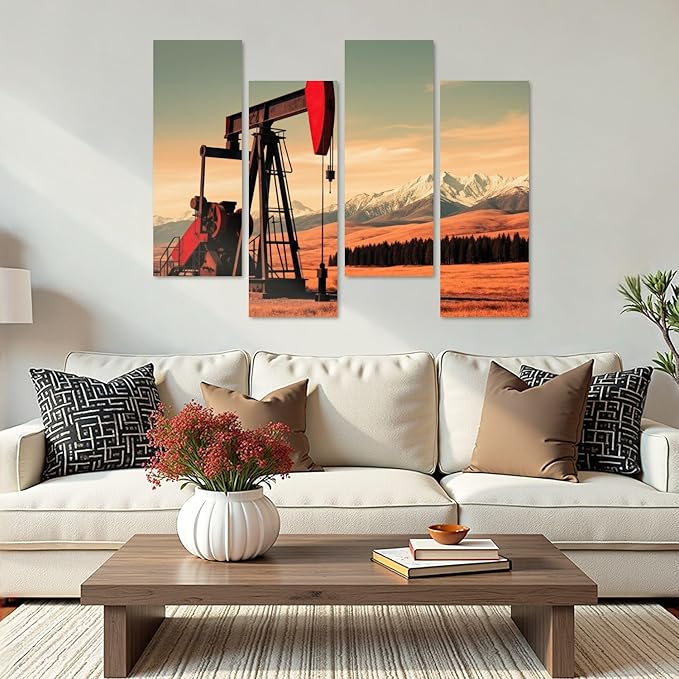Canvas Wall Art Prints Pictures Oil Gas Pump Mountains Framed Posters Modern Wall Painting Artwork Gift Home Decor for Living Room Ready to Hang 4 Panel