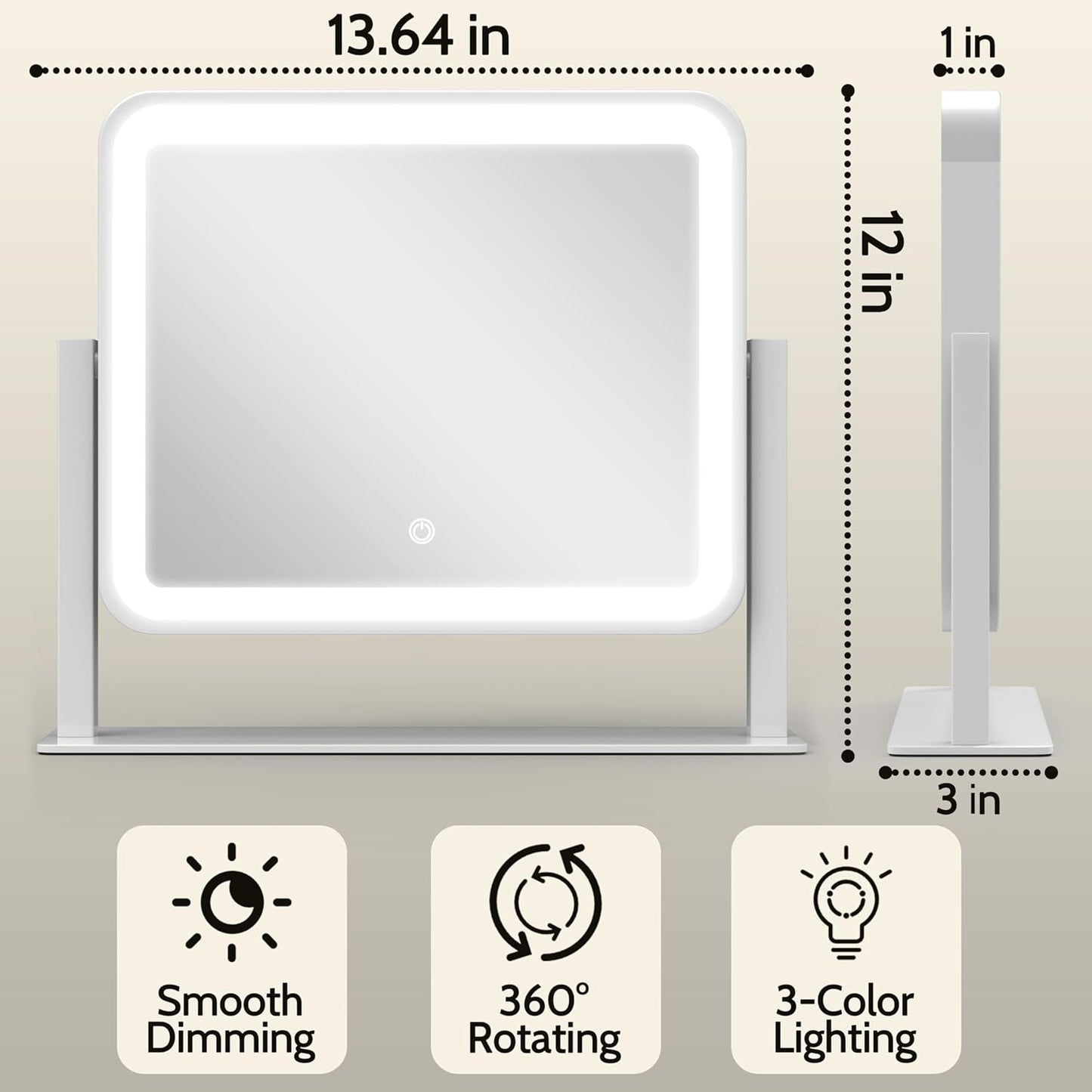 14"x12"Vanity Mirror, Lighted Makeup Mirror for Vanity Desk, Smart Touch Control, 360° Rotation, 3-Color Modes, Bedroom, White