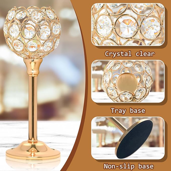 Crystal Metal Tealight Candlestick, Bling Bowl Candelabras, Tall Crystal Votive Candle Holders Elegant Crystal Candle Centerpiece for Dining Table Wedding Decor (Set of 3, Gold)