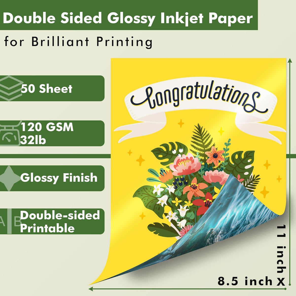 Double Sided Thin Photo Paper Glossy 8.5x11 Inch 32lb for Inkjet Printers Dye Ink 120gsm for Menu Flyer Brochure Printing 50 Sheets