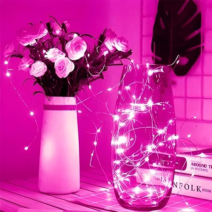 LAMPHOME 100 LED Pink Valentine Lights, Valentine's Day Fairy Lights Battery Operated, Silver Wire Twinkle String Light Multi Functions & Timer with Remote for Indoor Bedroom Wedding Decorations
