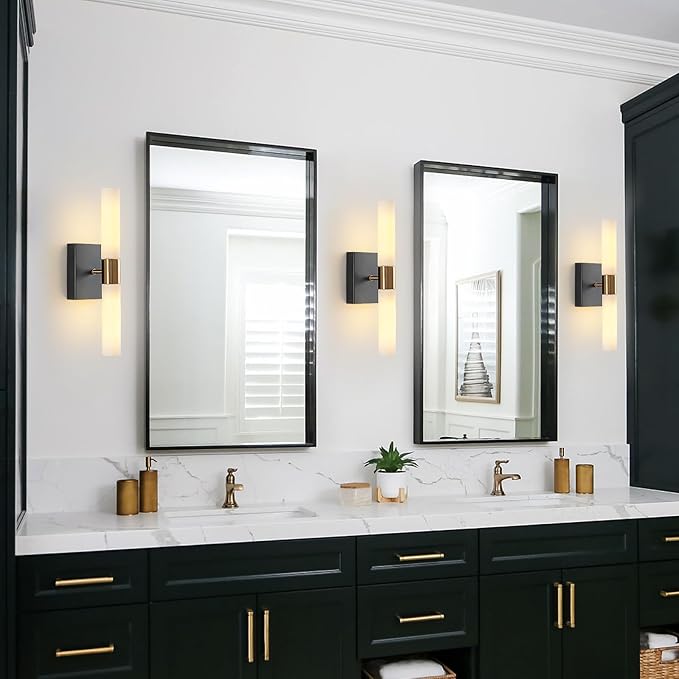 Wall Sconces Set of Two Black and Brass Wall Lights with White Frosted Glass Shade Modern Wall Lamp for Bathroom Living Room Indoor Vanity Up and Down Sconces Wall Lighting for Hallway