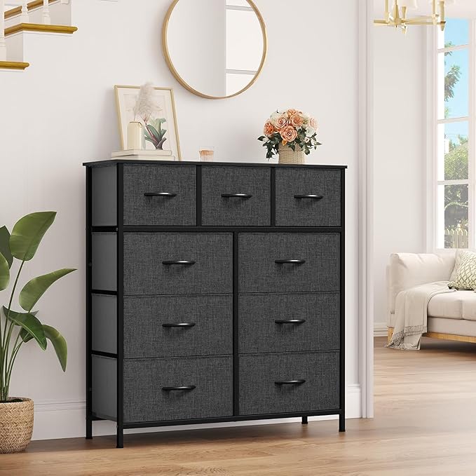 YITAHOME Dresser with 9 Drawers - Fabric Storage Tower, Tall Chest Organizer Unit for Living Room, Entryway with Sturdy Steel Frame, Wooden Top, Black Grey