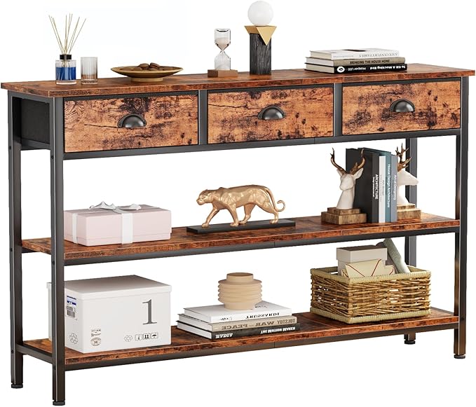 Furologee Long 47" Console Sofa Table with 3 Drawers, Entryway Table with 3-Tier Storage Shelves, Industrial Display Shelf for Entry Way, Hallway, Couch, Living Room, Kitchen, Foyer, Rustic Brown