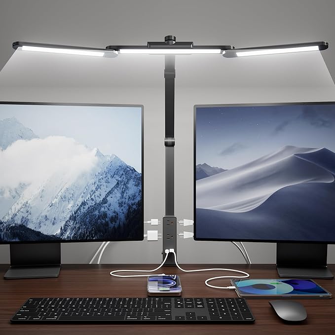 SUPERDANNY LED Desk Lamp with Power Strip (6 Outlets, 1 USB, 1 Type-C) for Home Office, Desk Light Computer Light with Clamp, Architect Desk Lamp with Smooth Dimming 5 Colors Touch & Wave Control