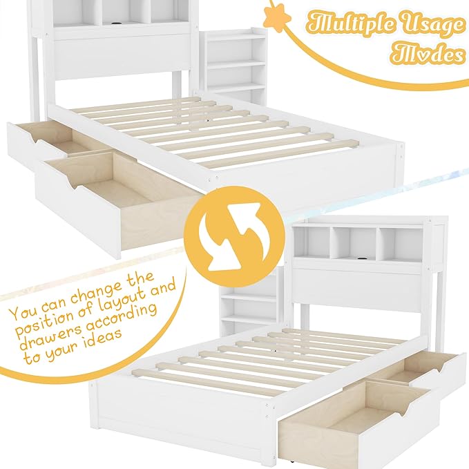 Kids Twin Bed Frame with Drawers & Storage Headboard, Solid Wood Platform Bed with Pull-Out Cabinet, Built-in LED Light & Charging Station, No Box Spring Needed, White