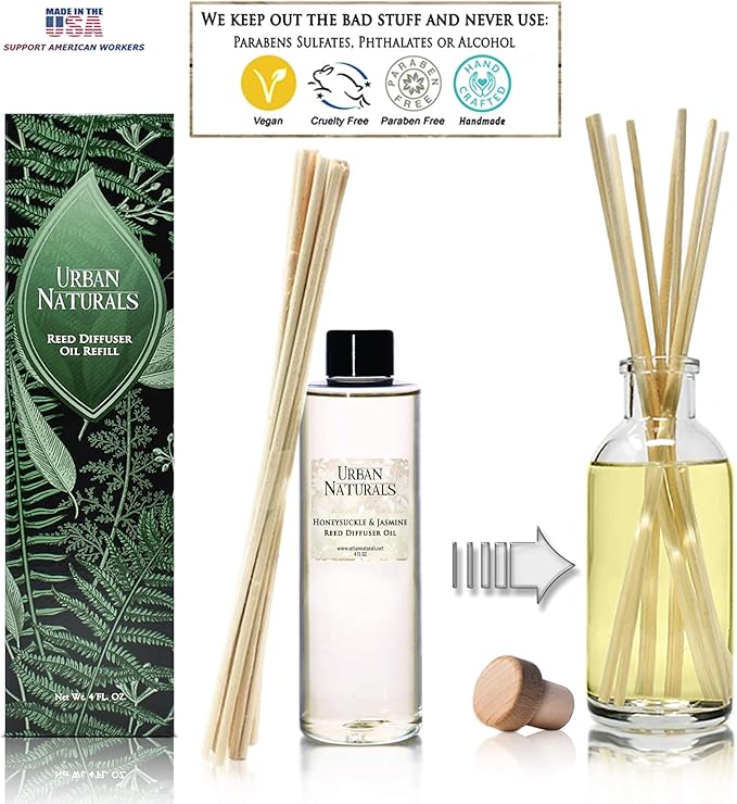 Urban Naturals Honeysuckle & Jasmine Reed Diffuser Oil Refill | Beautiful Floral Fragrance | Hyacinth, Neroli, Iris, Rose & Lily of the Valley | Includes Free Set of Reed Sticks! Made in the USA