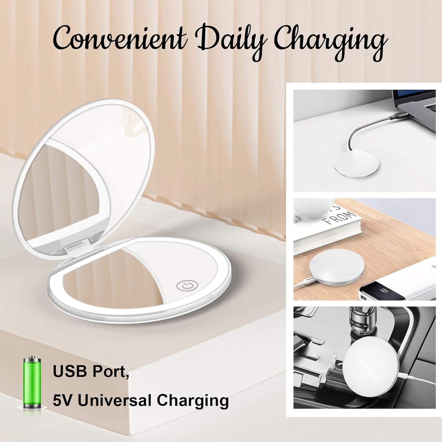 Compact Mirror with Light, 1X/3X Magnification LED Pocket Mirror with USB Data Cable,Mini Mirror for Purse, Pocket,Travel and Present (White)