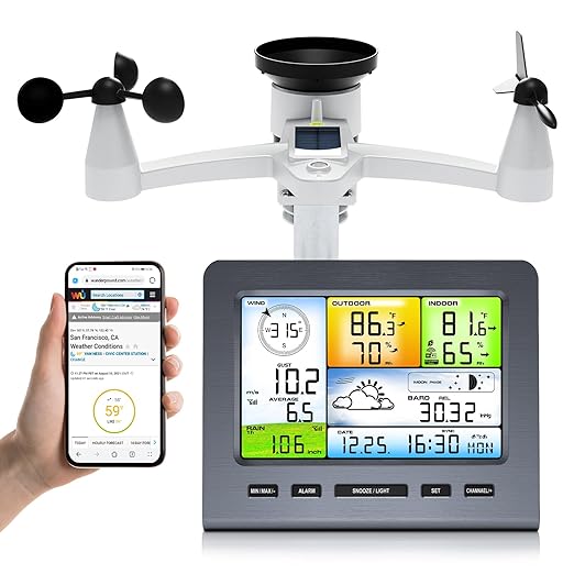 Urageuxy Wireless Weather Station Indoor Outdoor with WiFi, Rain Gauge, Wind Speed/Direction Sensor, Temperature, Humidity, Weather Forecast