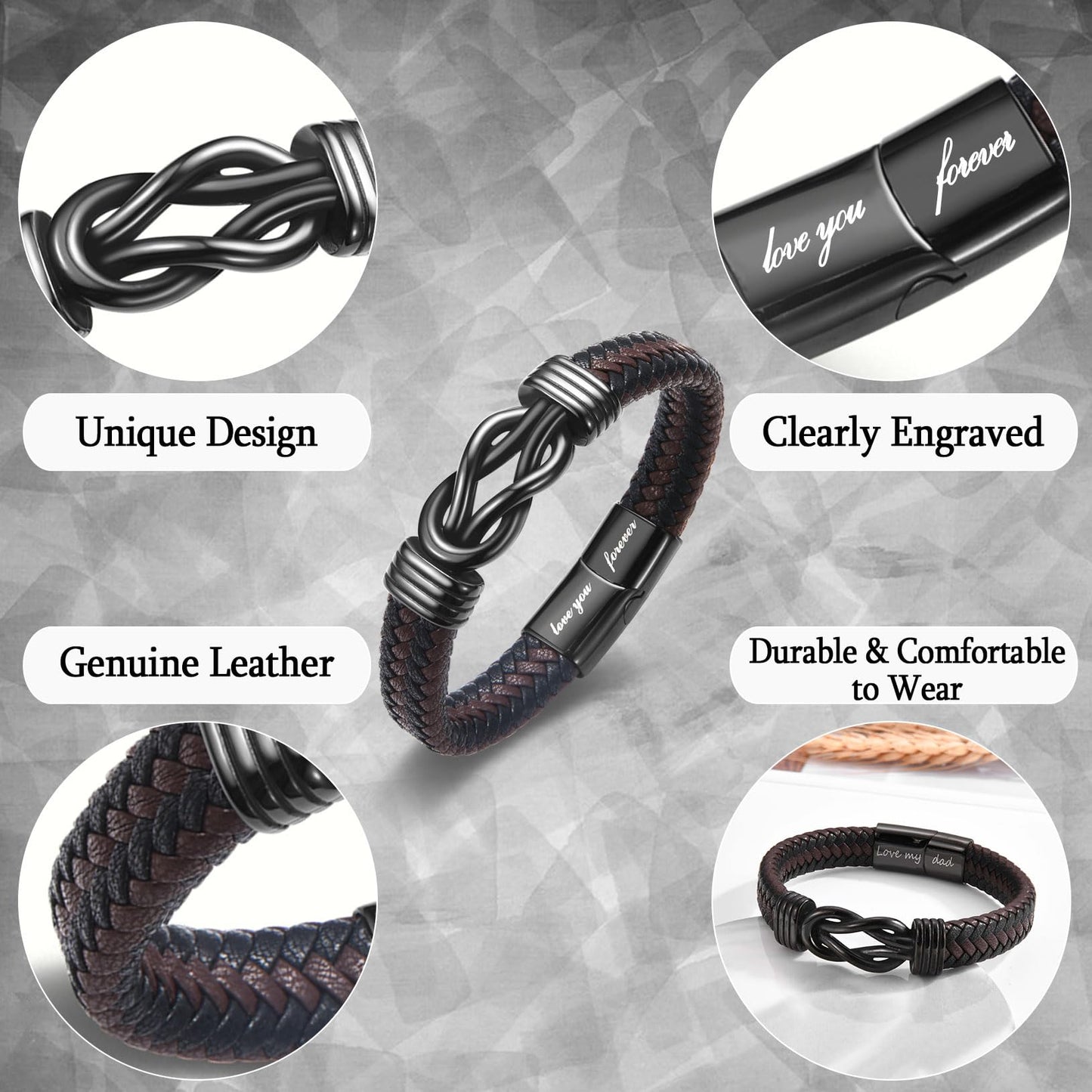 WIKHIA Gifts for Husband from Wife, Cool Infinity Leather Bracelet for Him Husband Birthday Christmas Anniversary Valentine's Day Present Ideas for Men