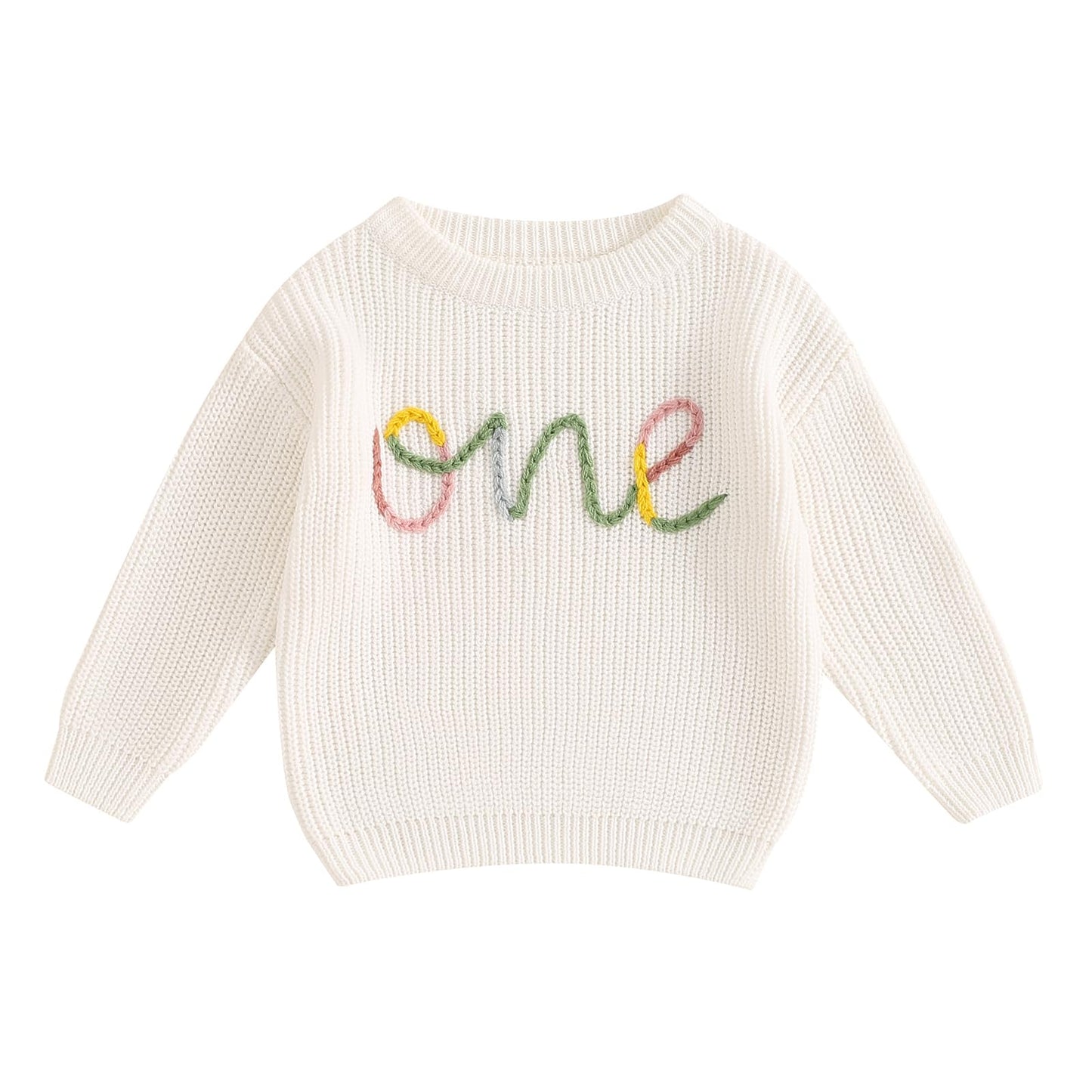 VISGOGO First Birthday Outfit Girl 1st Birthday Boy Gifts Sweatshirt Girls One Birthday Sweater Knitted Tops Fall Winter (A White, 12-18 Months)