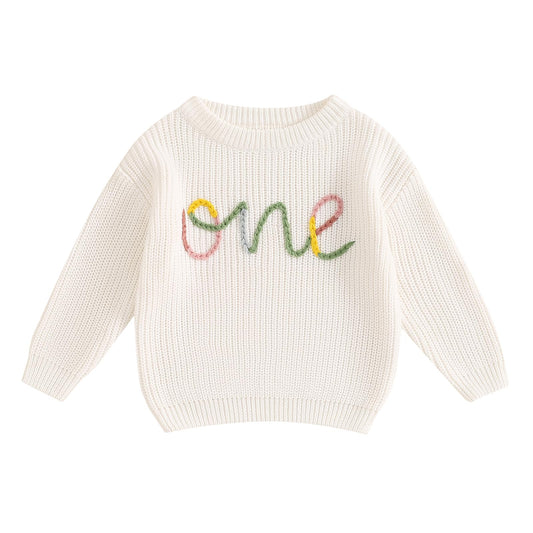 VISGOGO First Birthday Outfit Girl 1st Birthday Boy Gifts Sweatshirt Girls One Birthday Sweater Knitted Tops Fall Winter (A White, 12-18 Months)