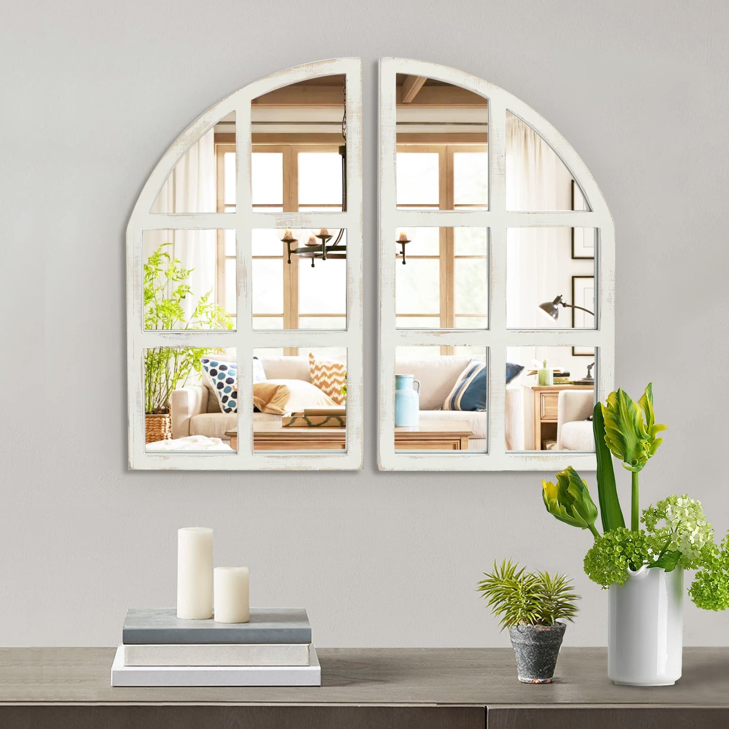 FLORA Farmhouse Mirror, Arch Window Wall Mirror for Kitchen Bedroom Living Room Wall Decor, Set of 2
