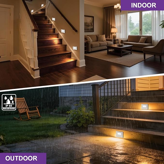 4-Pack Horizontal LED Step Lights, Color Adjustable (2700K-5000K), IP65 Waterproof, 3W 100LM, 120V Stair Lights Indoor Outdoor, 10%-100% Dimmable, White, ETL Certified