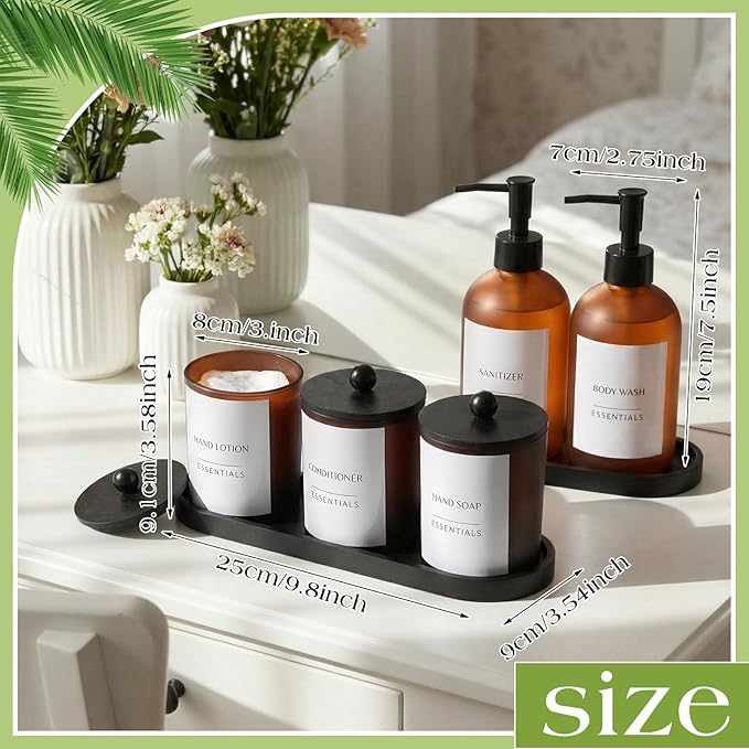 Yaomiao 5 Pack Amber Frosted Glass Bathroom Accessories Set Complete, Kitchen Modern Liquid Soap Dispenser Set with Pump and Wood Tray, Toothbrush Holder Cotton Swab Jars with Lids for Sink Countertop