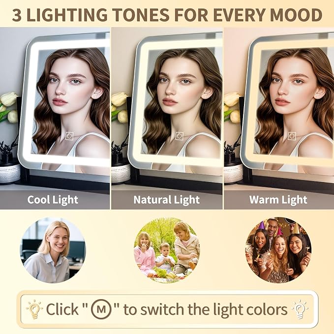 HNV Vanity Mirror with Lights - 15"x13" LED Lighted Makeup Mirror, Dimmable Touch Screen with 3-Color Lighting, 360° Rotation, Black Aluminum Frame for Vanity Desk, Bedroom, Tabletop