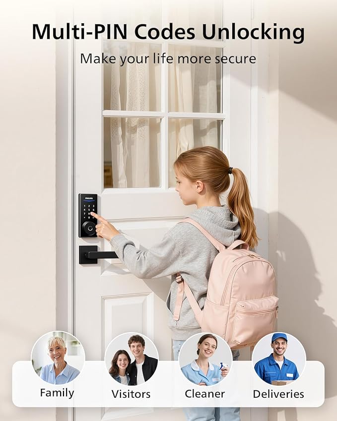 Philips Smart Door Lock with Apple Home, Matter Over Thread, Keyless Entry Door Lock with App Remote Control, Touchscreen Fingerprint Front Door Lock Set, Deadbolt Lock with Apple Home, Alexa, Google