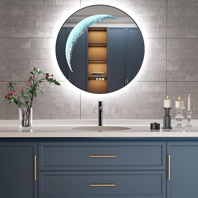 24'' Round Bathroom Mirror with Light, Black Circle Mirror with Backlit & Half Moon Light, Anti-Fog, Dimming Wall-Mounted LED Vanity Mirrors for Bathroom, Home Decor, Entryway