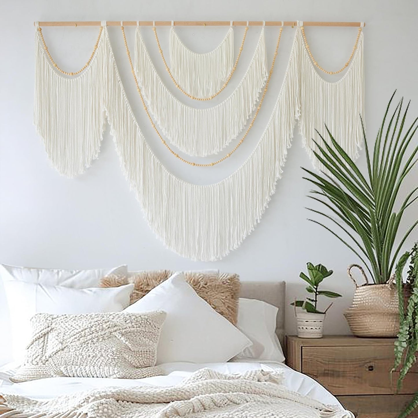 Flber Large Macrame Wall Hanging – Boho Yarn Art Garland with Tassels and Beads, Handmade Rope Decor for Nursery, Party, Wedding, Bedroom, Fireplace Mantel, or Photo Backdrop 57" W x 41"" L"