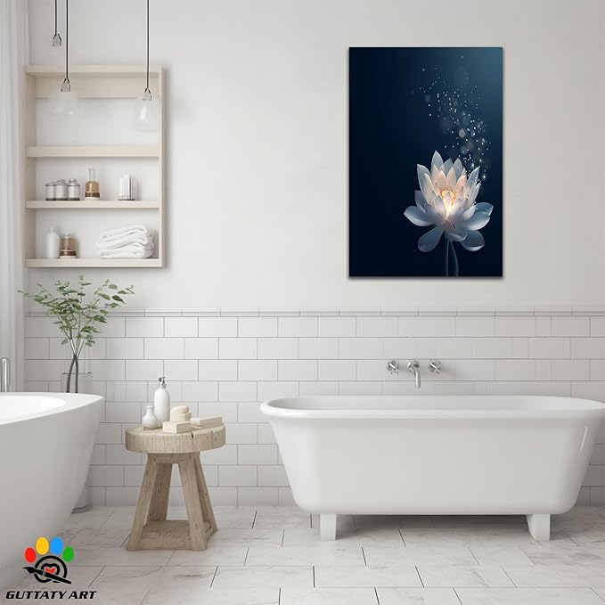 Zen Lotus Canvas Wall Art, Black White Zen Bathroom Wall Art Lotus Picture, Floral Spiritual Meditation Painting Artwork, lotus flower pictures bathroom decor zen painting for Yoga Spa 28x40 inch