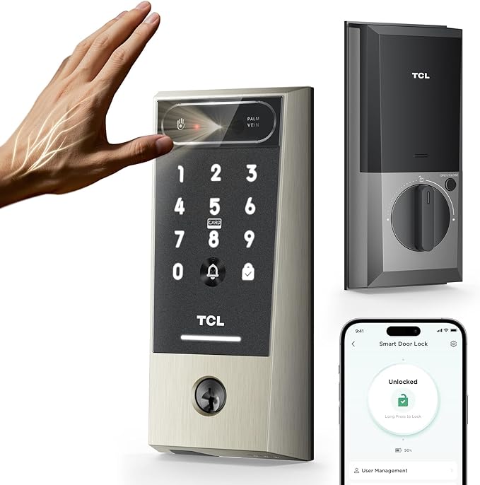 TCL D2 Pro Smart Lock with Palm Vein Recognition, Keyless Entry Door Lock for Front Door, Wi-Fi Keypad Deadbolt, App Remote Control, Auto Lock, Rechargeable Battery, Compatible with Alexa & Google