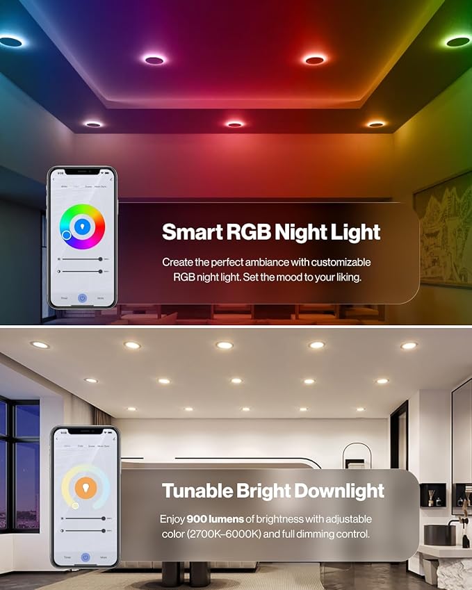 Sunco 4 Pack 4 Inch Smart Ultra Thin LED Recessed Ceiling Lights with Night Light, Tunable CCT 2700K to 6000K, Dimmable, 11W, Smooth Trim, Canless with Junction Box