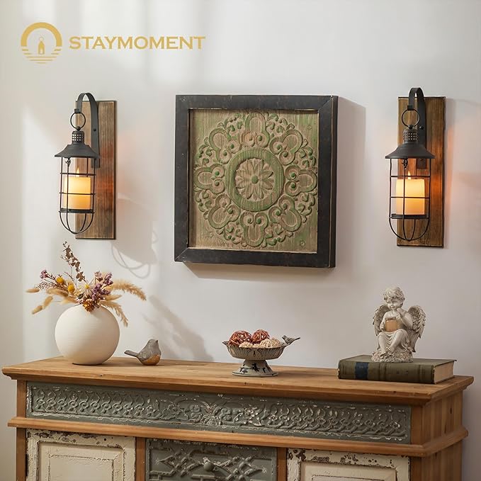 Wall Sconces Candle Holder: Set of 2 Farmhouse Wall Lantern Decor Wood Brown Decorations Indoor for Living Room Front Door Porch