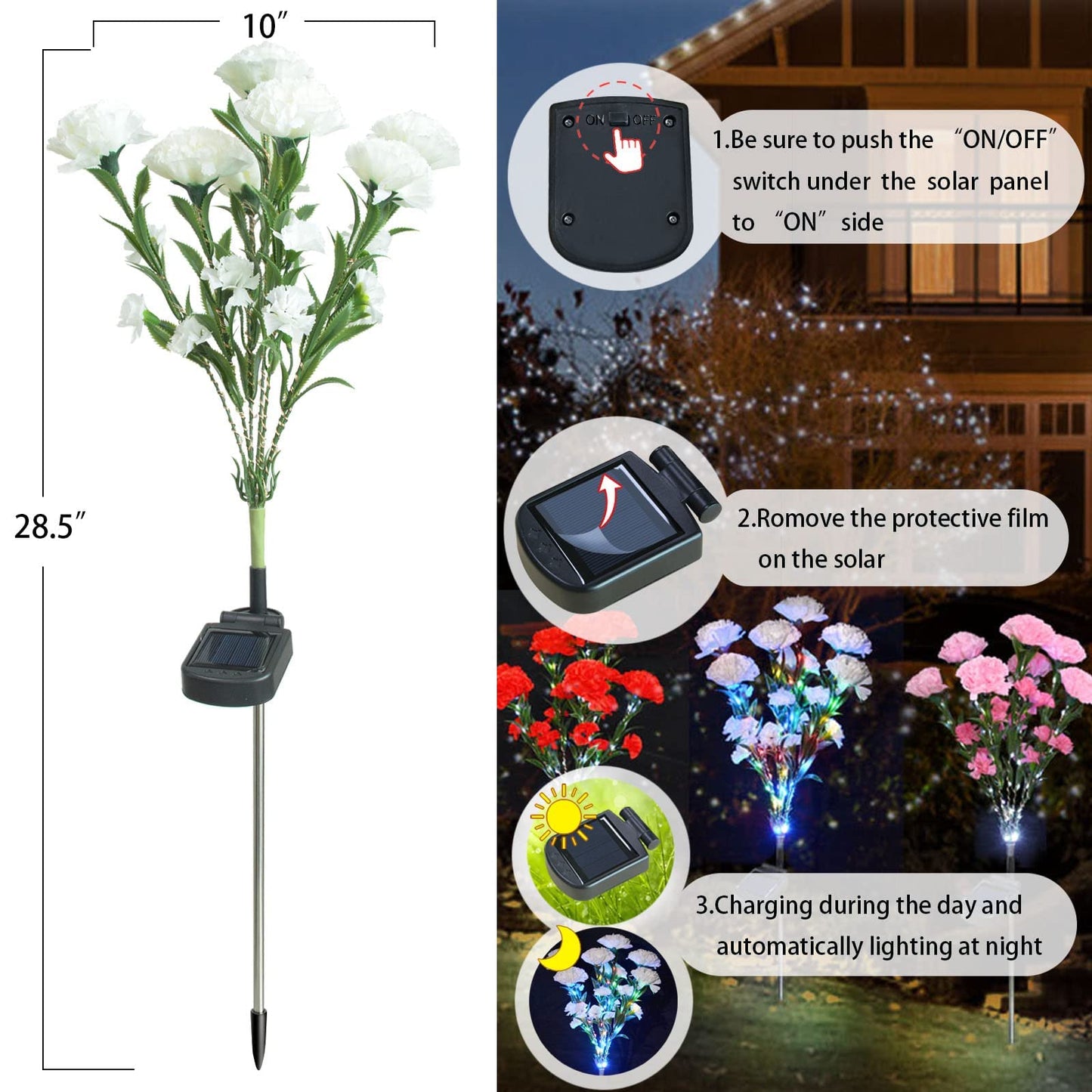 Abkshine Solar Lights Outdoor Garden, 21-Flower Artificial Carnations, Waterproof Solar Powered Flower Stake Lights, Mothers Day Christmas Birthday Gifts for Wife Mom Garden Yard Gravesite Decorations