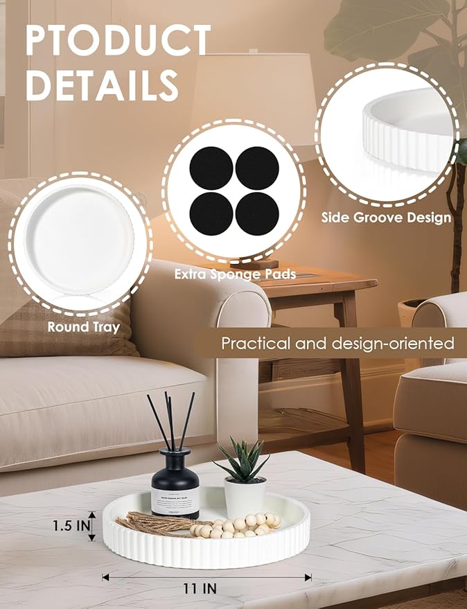 Concrete Coffee Table Tray, 11" Decorative Tray for Home Decor, Sturdy Modern Centerpiece, Round Serving Tray with Fluted Edge, White