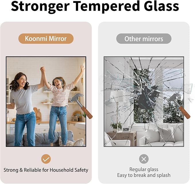 Koonmi Black Framed Bathroom Mirror - Shatterproof 38"x26" Tempered Glass, HD No Distortion, Horizontal/Vertical Mount, Modern Matte Aluminum Alloy Frame