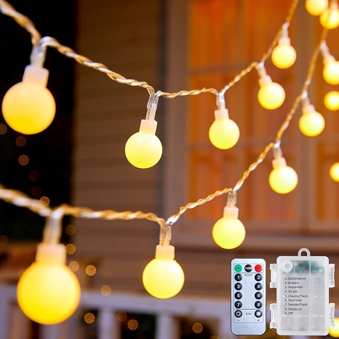 Minetom Battery Operated String Lights, 21FT 60 LED Globe Fairy Lights with Remote, Waterproof Twinkle Lights for Indoor Outdoor Bedroom Classroom Dorm Camping Canopy Wedding Xmas Decor, Warm White