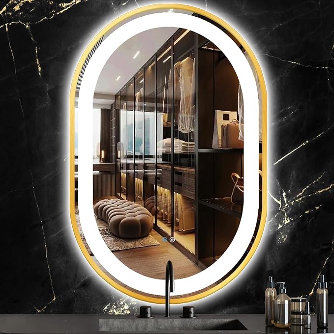 24 x 40 Inch Gold Oval LED Vanity Mirror with Lights Smart Memory 3 Color Dimmable Anti-Fog 40" Gold Framed Oval Lighted Mirror for Bathroom Salon Wall LED Ovals Mirror with Lights Frame